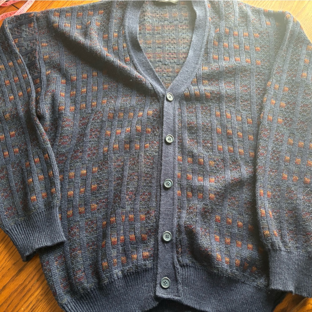 Vtg jantzen mens L Cardigan grandpa sweater blue pattern